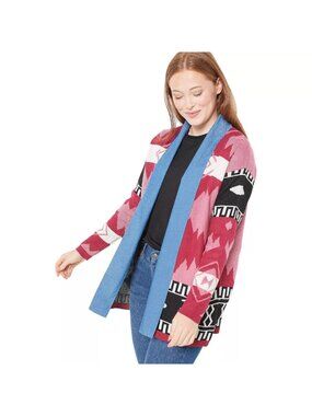 Attitudes by Renee Cardigan Size XS Southwest with Denim Lapel Aztec Rose NEW